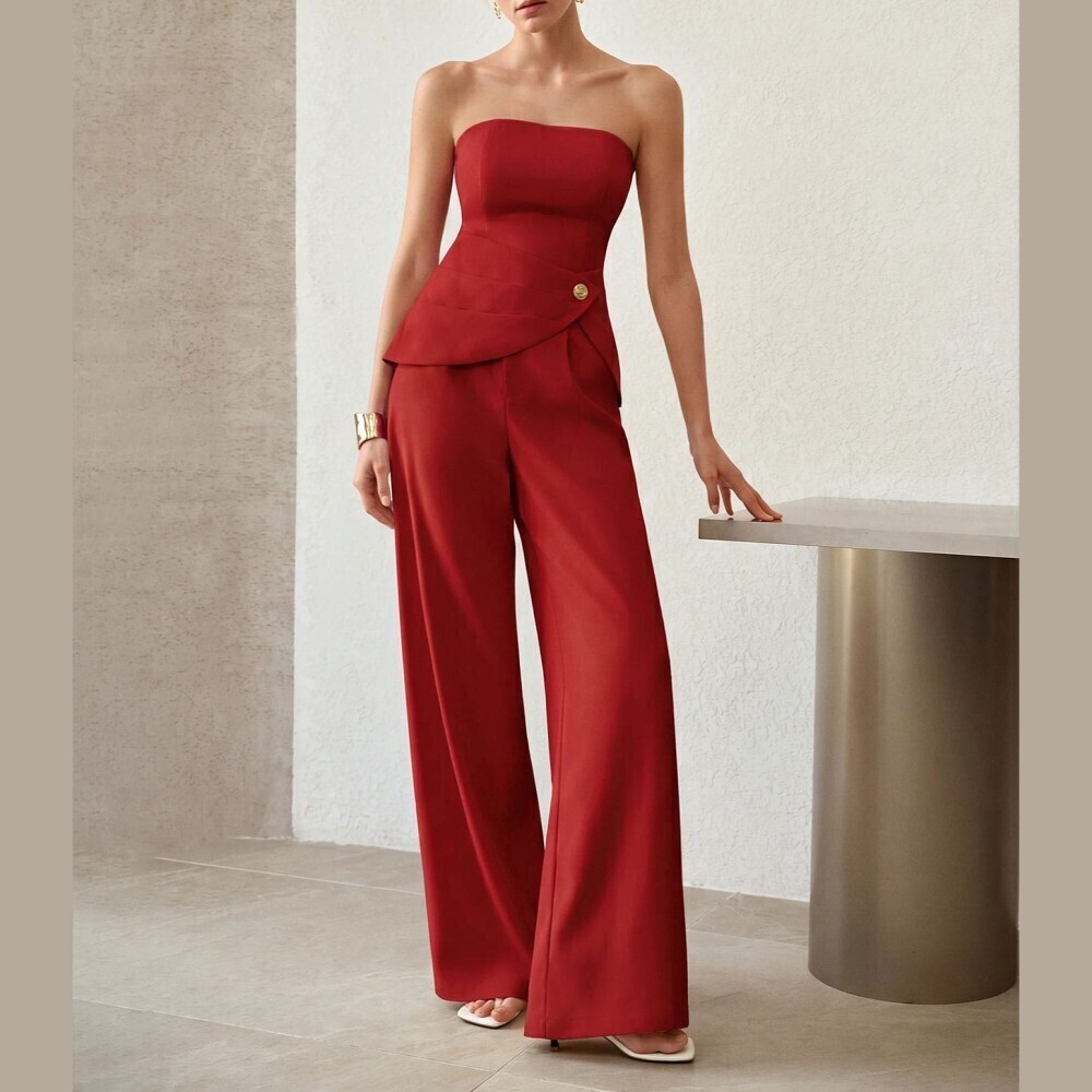 Red Strapless Peplum Top Wide Leg Pants Two Piece Pantsuit Set